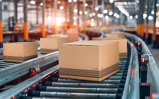 Üzerine barkod basılmış bir oluklu mukavva kutuyu taşıyan bir konveyör bandı.